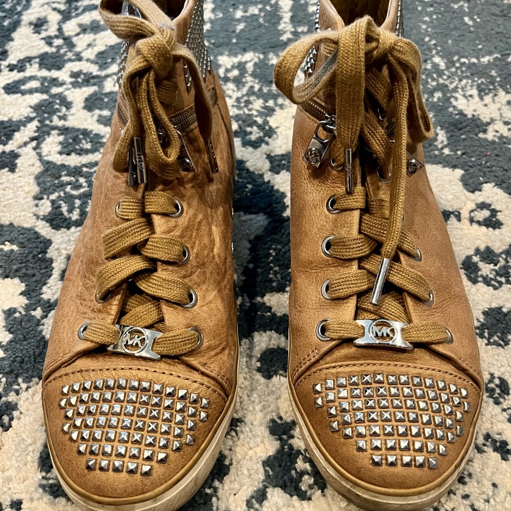 Michael Kors gold metallic high top leather studded sneakers. Size 6.